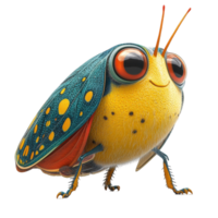 Colorful cartoon insect with a friendly expression resting on a leaf in a vibrant natural setting isolated on transparent background. png