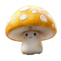Charming cartoon mushroom with a smiling face and vibrant yellow cap set against a bright background isolated on transparent background. png