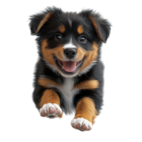 Happy puppy playing joyfully with its adorable expression and fluffy coat in a bright indoor setting isolated on transparent background. png