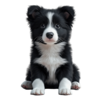 Cute black and white puppy sitting calmly with a curious expression indoors isolated on transparent background. png