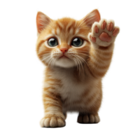 Cute orange tabby kitten waves hello with its paw while looking playfully at the camera in a bright setting isolated on transparent background. png
