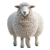 Fluffy white sheep standing in a field with a calm expression under clear blue skies during late afternoon isolated on transparent background. png