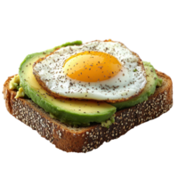 Delicious avocado toast topped with a sunny side up egg served on whole grain bread in a cozy setting isolated on transparent background. png
