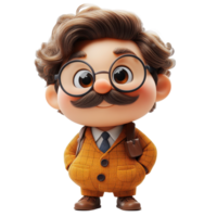 Charming animated character in orange sweater with glasses and a mustache stands confidently with a cheerful expression isolated on transparent background. png