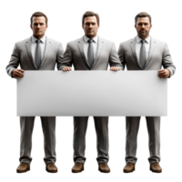Three men in gray suits hold a blank sign, ready to convey a message in an indoor setting isolated on transparent background. png