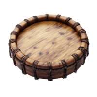 Traditional wooden drum displayed on a rustic surface, showcasing craftsmanship and cultural significance isolated on transparent background. png