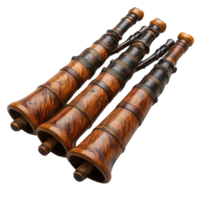 Wooden musical instruments displayed together showcasing craftsmanship and design isolated on transparent background. png