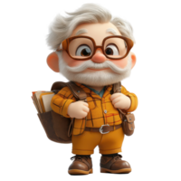Elderly cartoon character with glasses and a backpack, smiling warmly in a cute setting isolated on transparent background. png