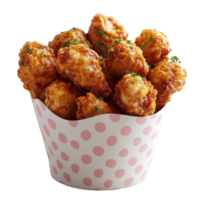 Crispy fried chicken pieces served in a colorful patterned container at a casual dining location isolated on transparent background. png
