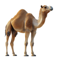 Camel standing upright with a distinctive hump, showcasing its unique features in a desert environment isolated on transparent background. png