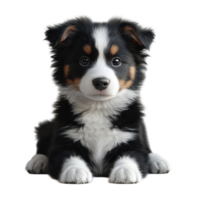 Cute black and white puppy lying on a clean surface with a curious expression in a bright setting isolated on transparent background. png