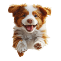 Happy playful puppy jumping with joy in a bright setting during daylight hours isolated on transparent background. png