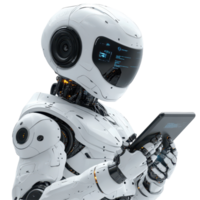 Advanced robot interacting with a tablet in a futuristic environment highlighting technology and innovation isolated on transparent background. png