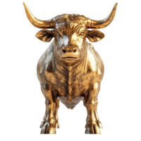 Golden bull statue displayed in a modern art gallery with dramatic lighting and clean background isolated on transparent background. png