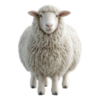 Fluffy sheep stands calmly in a green pasture during a sunny day in the countryside isolated on transparent background. png