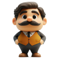 Charming cartoon character with a mustache in formal attire poses confidently on a plain background isolated on transparent background. png