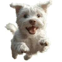 Happy small white dog jumping playfully with excitement in a bright setting isolated on transparent background. png