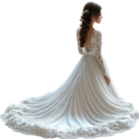 Elegant bridal gown showcased in a serene setting with intricate lace detailing and flowing train isolated on transparent background. png
