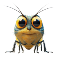 Close-up view of a cartoon bee with oversized eyes resting and looking curious in a vibrant setting isolated on transparent background. png