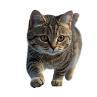 Brown tabby cat walking confidently across a white surface during daylight hours isolated on transparent background. png