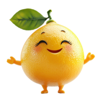 Cheerful cartoon lemon character with a smiling face and leaf on top standing with arms open wide isolated on transparent background. png