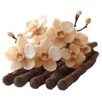 Elegant arrangement of delicate orchids on textured wooden sticks in a serene floral display isolated on transparent background. png