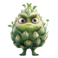 Unique character resembling an artichoke stands with a serious expression in a vibrant green setting during daytime isolated on transparent background. png