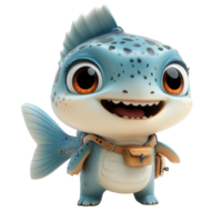 Charming animated fish character with bright eyes and a backpack on a plain background isolated on transparent background. png