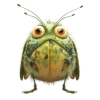 Unique cartoon insect character with oversized eyes and a fuzzy body poses boldly against a plain background isolated on transparent background. png