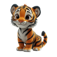 Cute cartoon tiger cub sitting on the floor, displaying playful expression in a cozy indoor setting isolated on transparent background. png