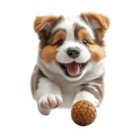 Happy puppy joyfully chasing a toy ball in a playful moment during the afternoon isolated on transparent background. png