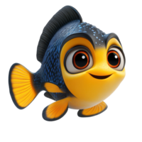 Cartoon fish character with a cheerful expression swimming in a colorful underwater world isolated on transparent background. png