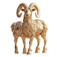 Golden sculpture of a ram displaying intricate details and lifelike features, emphasizing artistry and craftsmanship isolated on transparent background. png