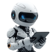 Futuristic robot uses tablet to access data in a high-tech environment during a demonstration of advanced technology isolated on transparent background. png