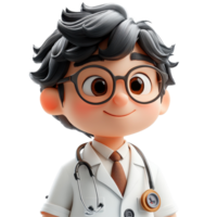 Young doctor character with glasses and stethoscope in a friendly pose ready for action isolated on transparent background. png