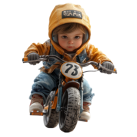 Child riding a small motorcycle dressed in casual attire with a focused expression in a playful setting isolated on transparent background. png