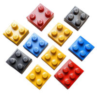 Colorful building blocks arranged in a creative layout showcasing a variety of shapes and colors for imaginative play and construction isolated on transparent background. png