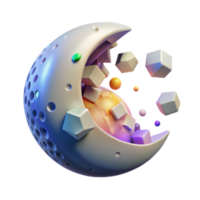 Crescent Moon 3D Render Abstract Background with Exploding Cubes and Spheres png