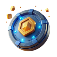 3D Render Blue and Gold Token Icon, Game Asset, Virtual Currency, Digital Coin, Abstract Background, Glowing Hexagon, Futuristic Design png