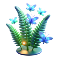Vibrant 3D Render of Glowing Butterflies on Lush Fern png