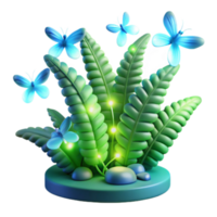 Enchanted 3D Render of Glowing Fern and Butterflies png