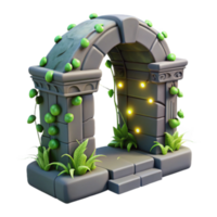 Enchanted Stone Archway 3D Render Lush Vines, Glowing Lights, Game Asset png