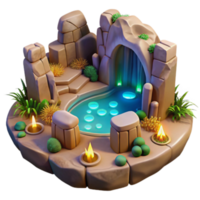 Enchanted Oasis 3D Render Mystical Cave Pool with Glowing Water, Stone Structures, and Lush Vegetation png