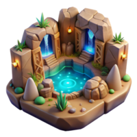 Enchanted Oasis 3D Render Game Asset Mystical Cave Pool with Waterfalls, Plants and Rocks png