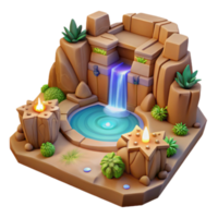 3D Oasis Waterfall Illustration Game Asset Desert Spring, Stone Structure, Candles, Plants, Waterfall, Relaxing Pool png