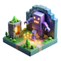 3D Render of a Robot Emerging from an Ancient Stone Archway png