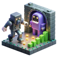 3D Illustration Robot Exploring a Mysterious Dungeon with Green Blocks png