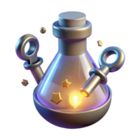 Glowing Erlenmeyer Flask 3D Render Magical Potion with Stars and Keys png