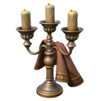 Ornate Three-Candle Candelabra 3D Render, Elegant Metal Design with Fabric Drape png
