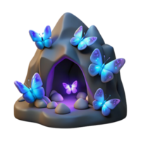 Enchanted Cave 3D Illustration Glowing Butterflies and Mystical Rocks png